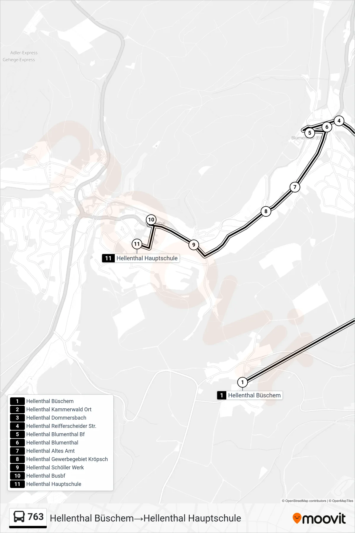 Linie 763 (Bus) Richtung Hellenthal Büschem→Hellenthal Hauptschule: Route und Haltestellen auf der Karte