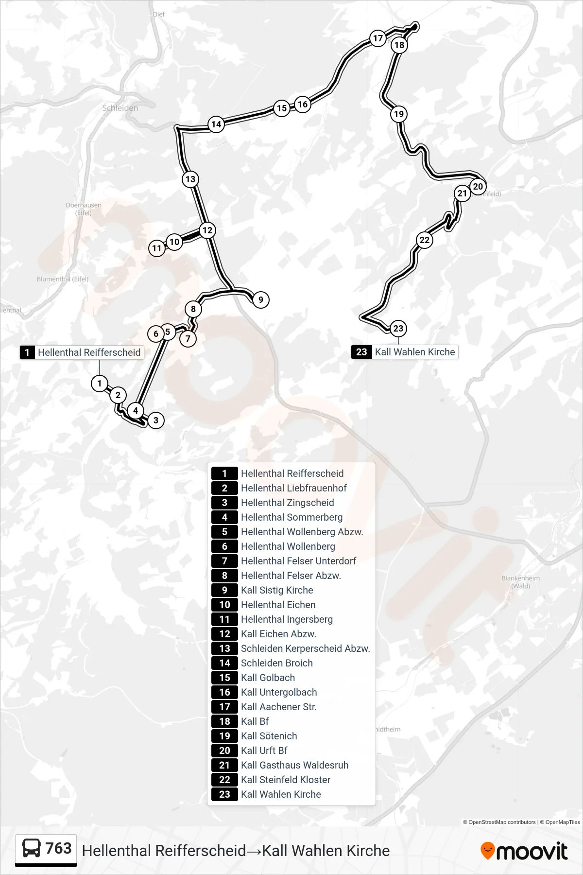 763 bus Line (Hellenthal Reifferscheid→Kall Wahlen Kirche) route and stops on a map