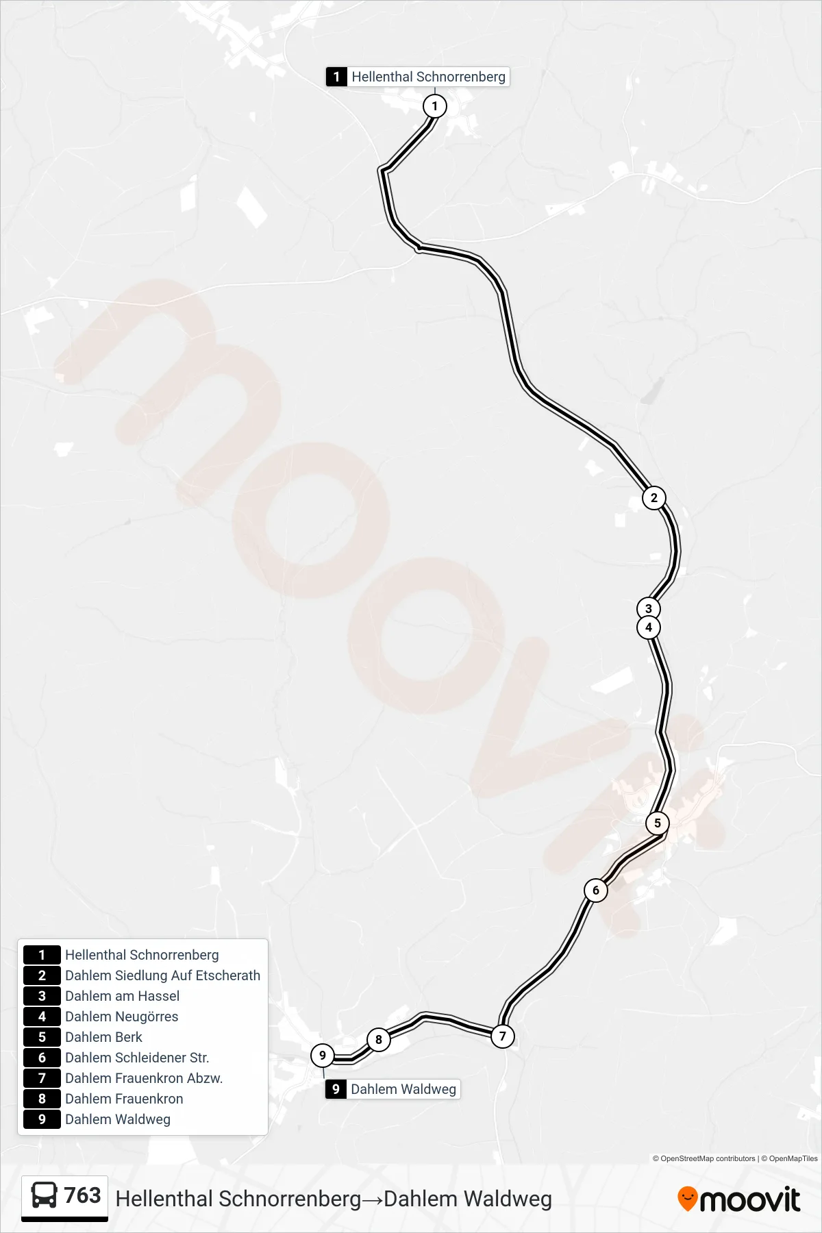 Linie 763 (Bus) Richtung Hellenthal Schnorrenberg‎→Dahlem Waldweg: Route und Haltestellen auf der Karte