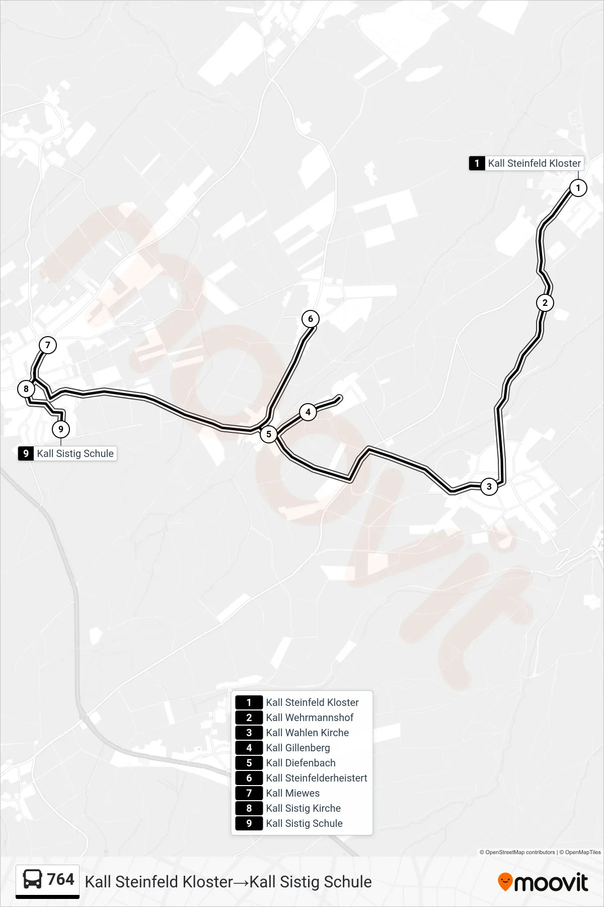 Linie 764 (Bus) Richtung Kall Steinfeld Kloster→Kall Sistig Schule: Route und Haltestellen auf der Karte
