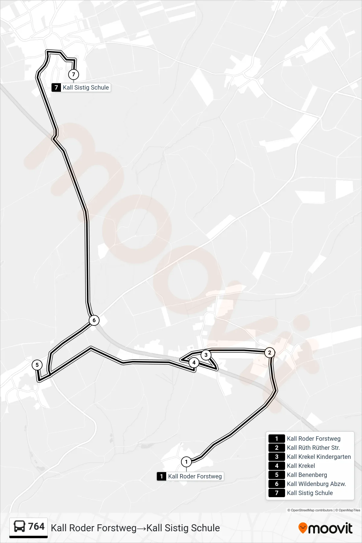 764 bus Line (Kall Roder Forstweg→Kall Sistig Schule) route and stops on a map