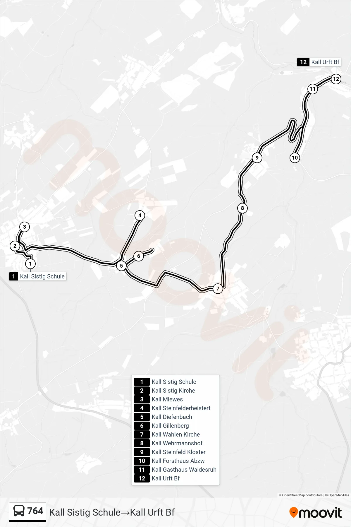 Linie 764 (Bus) Richtung Kall Sistig Schule→Kall Urft Bf: Route und Haltestellen auf der Karte