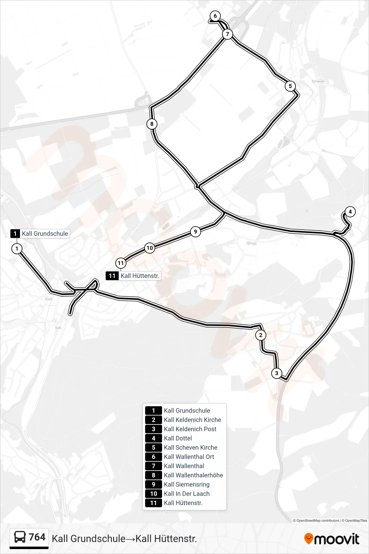 Linie 764 (Bus) Richtung Kall Grundschule→Kall Hüttenstr.: Route und Haltestellen auf der Karte