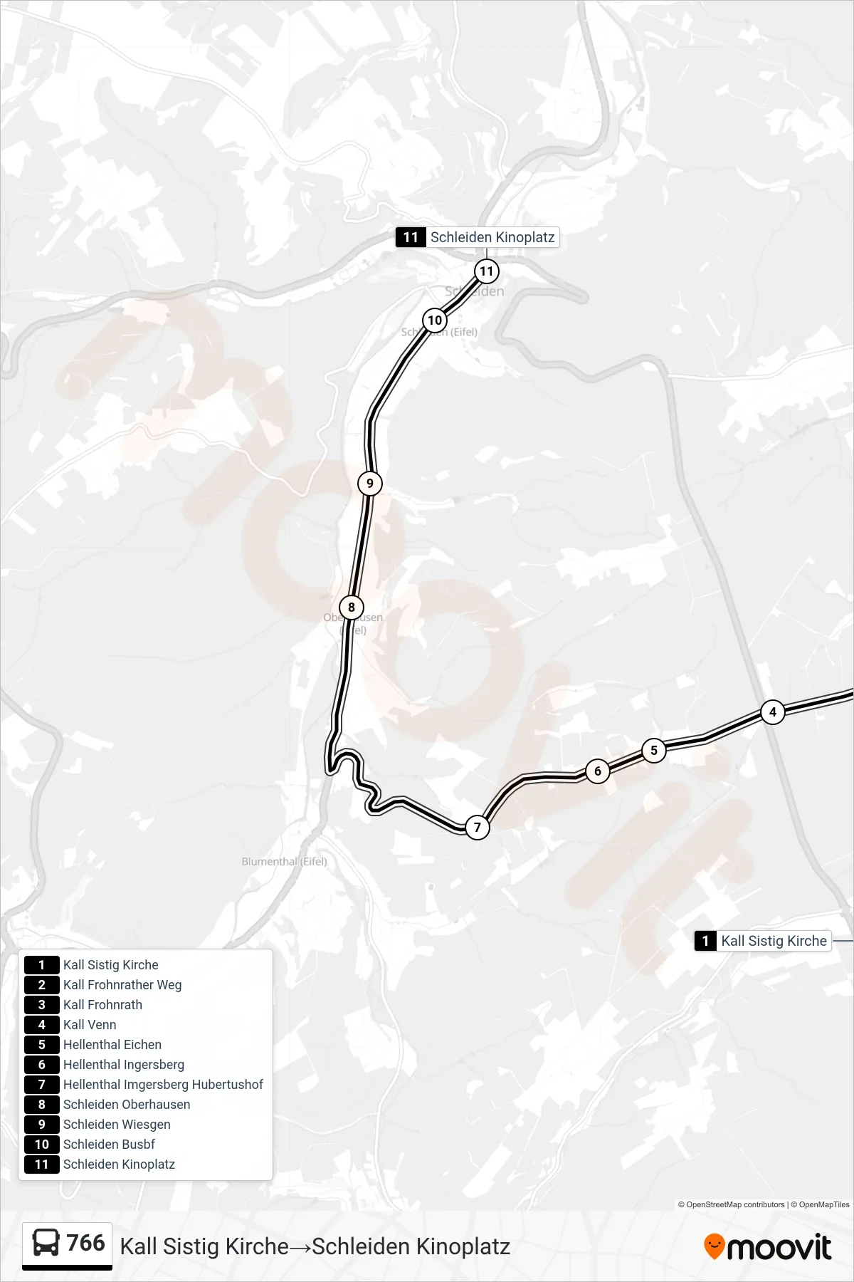Linie 766 (Bus) Richtung Kall Sistig Kirche→Schleiden Kinoplatz: Route und Haltestellen auf der Karte