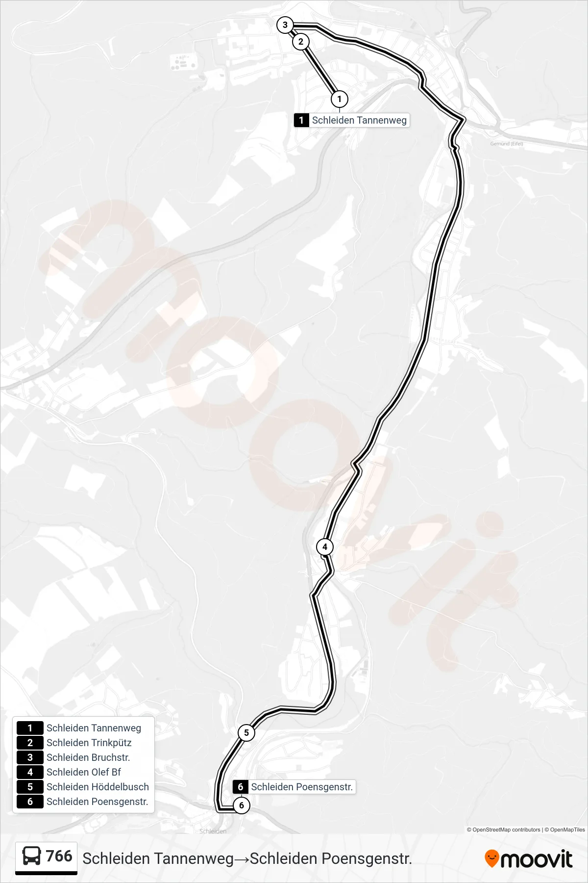 Linie 766 (Bus) Richtung Schleiden Tannenweg→Schleiden Poensgenstr.: Route und Haltestellen auf der Karte