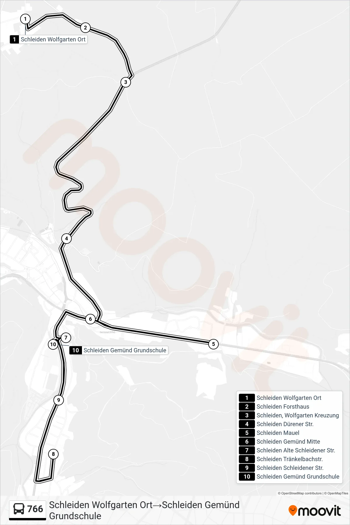 Linie 766 (Bus) Richtung Schleiden Wolfgarten Ort→Schleiden Gemünd Grundschule: Route und Haltestellen auf der Karte