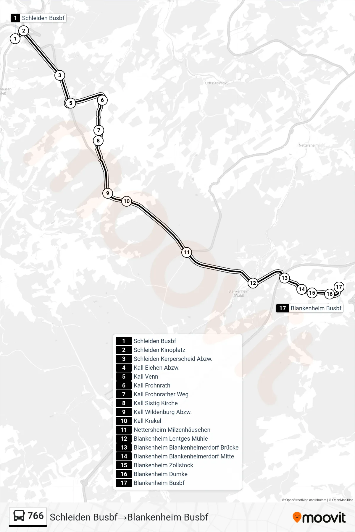 Linie 766 (Bus) Richtung Schleiden Busbf→Blankenheim Busbf: Route und Haltestellen auf der Karte