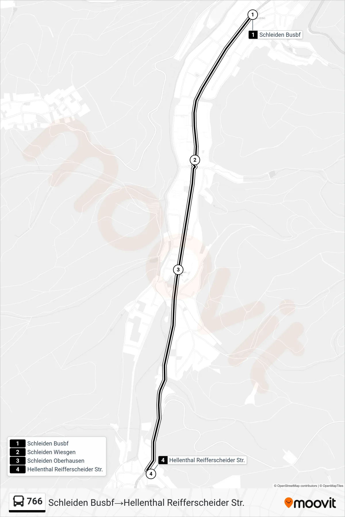 766 bus Line (Schleiden Busbf‎→Hellenthal Reifferscheider Str.) route and stops on a map