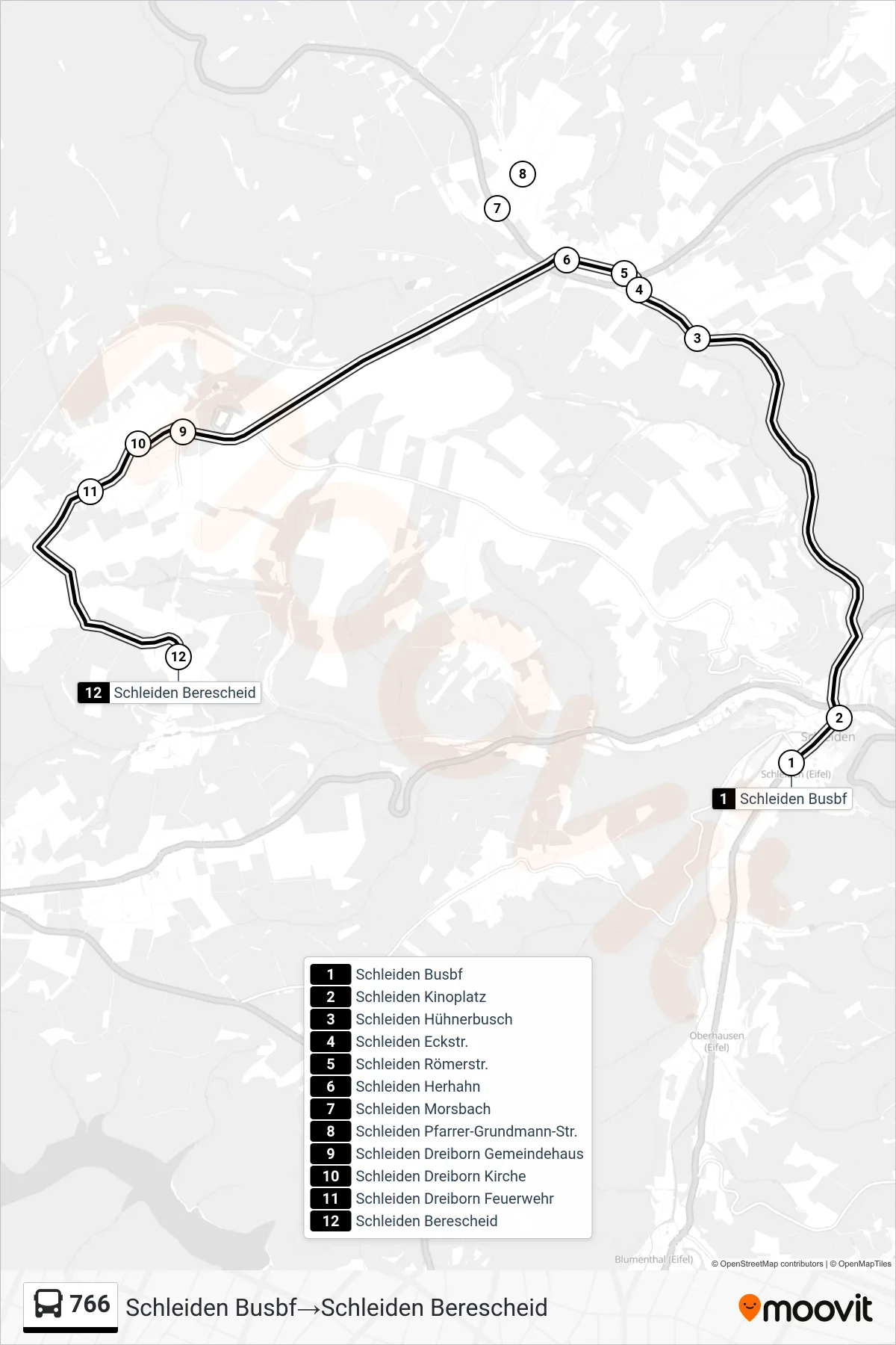 Linie 766 (Bus) Richtung Schleiden Busbf→Schleiden Berescheid: Route und Haltestellen auf der Karte