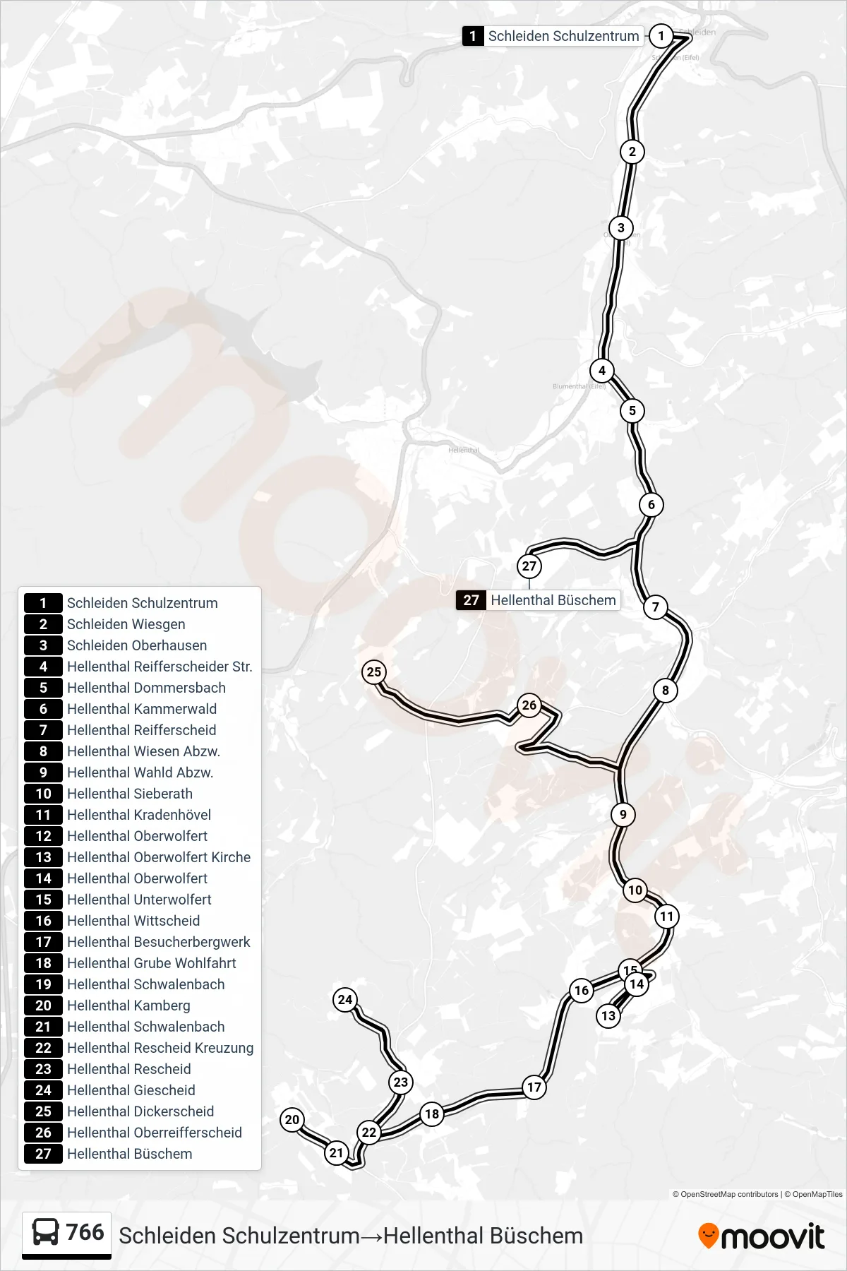766 bus Line (Schleiden Schulzentrum‎→Hellenthal Büschem) route and stops on a map
