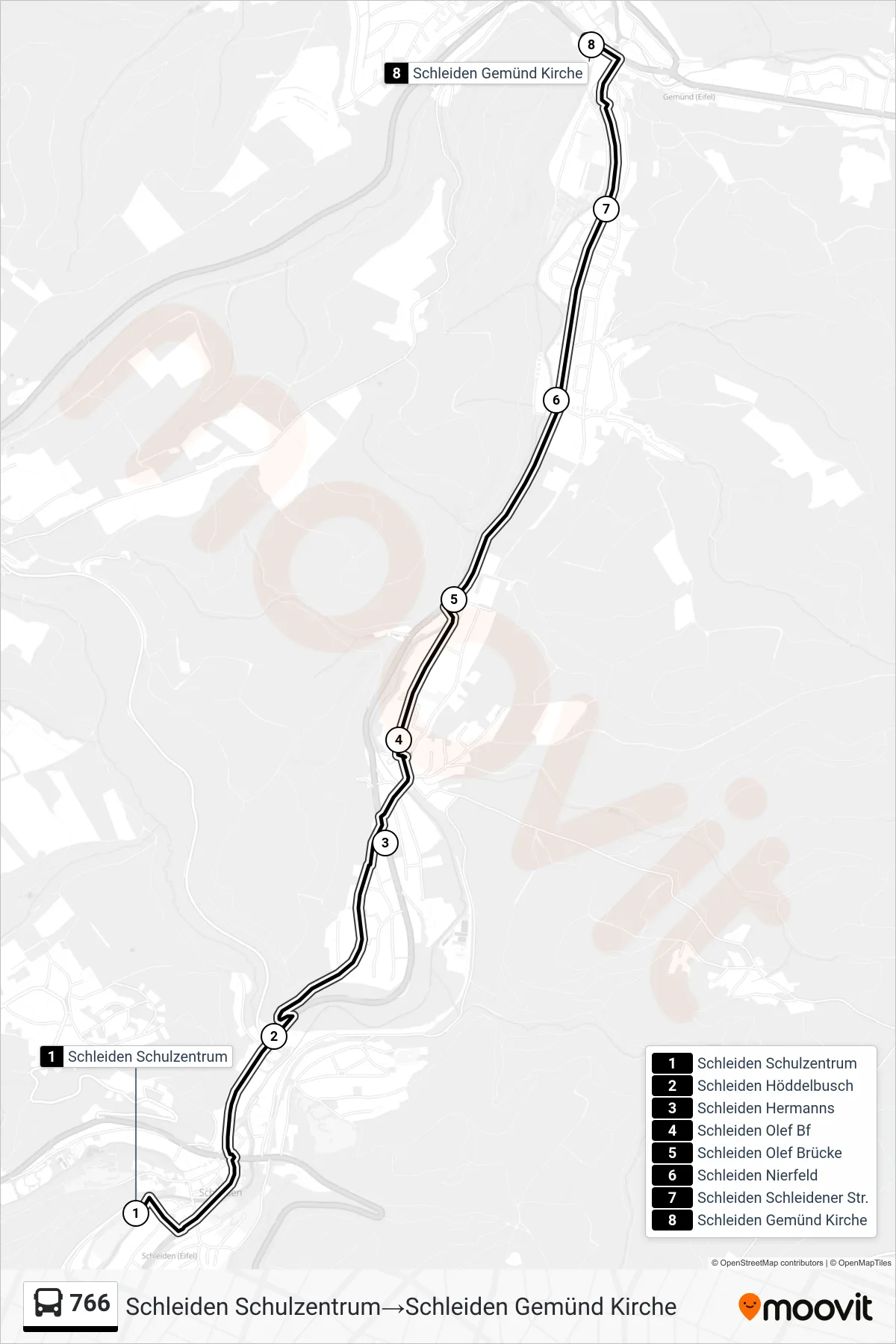 766 bus Line (Schleiden Schulzentrum→Schleiden Gemünd Kirche) route and stops on a map