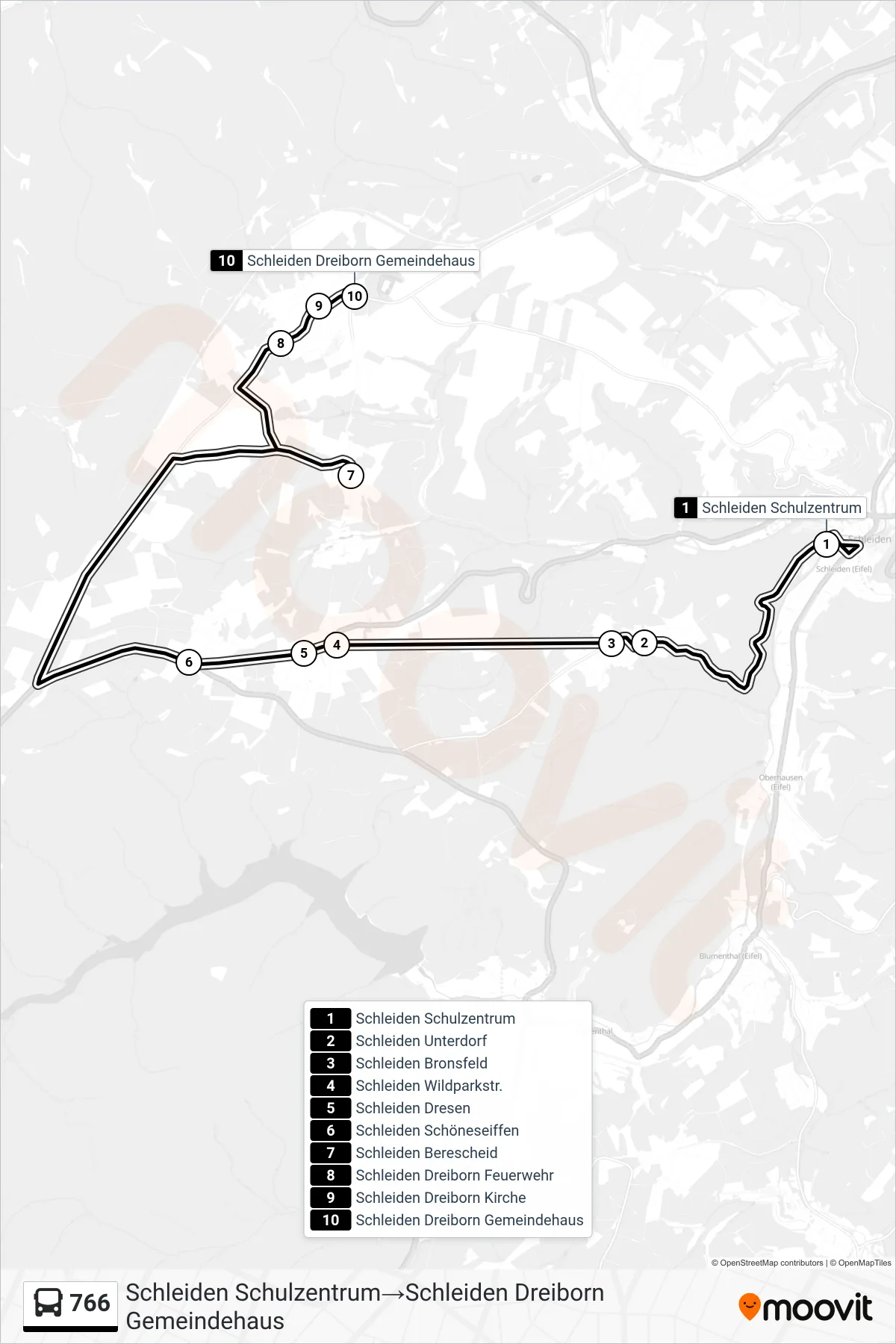 Linie 766 (Bus) Richtung Schleiden Schulzentrum→Schleiden Dreiborn Gemeindehaus: Route und Haltestellen auf der Karte