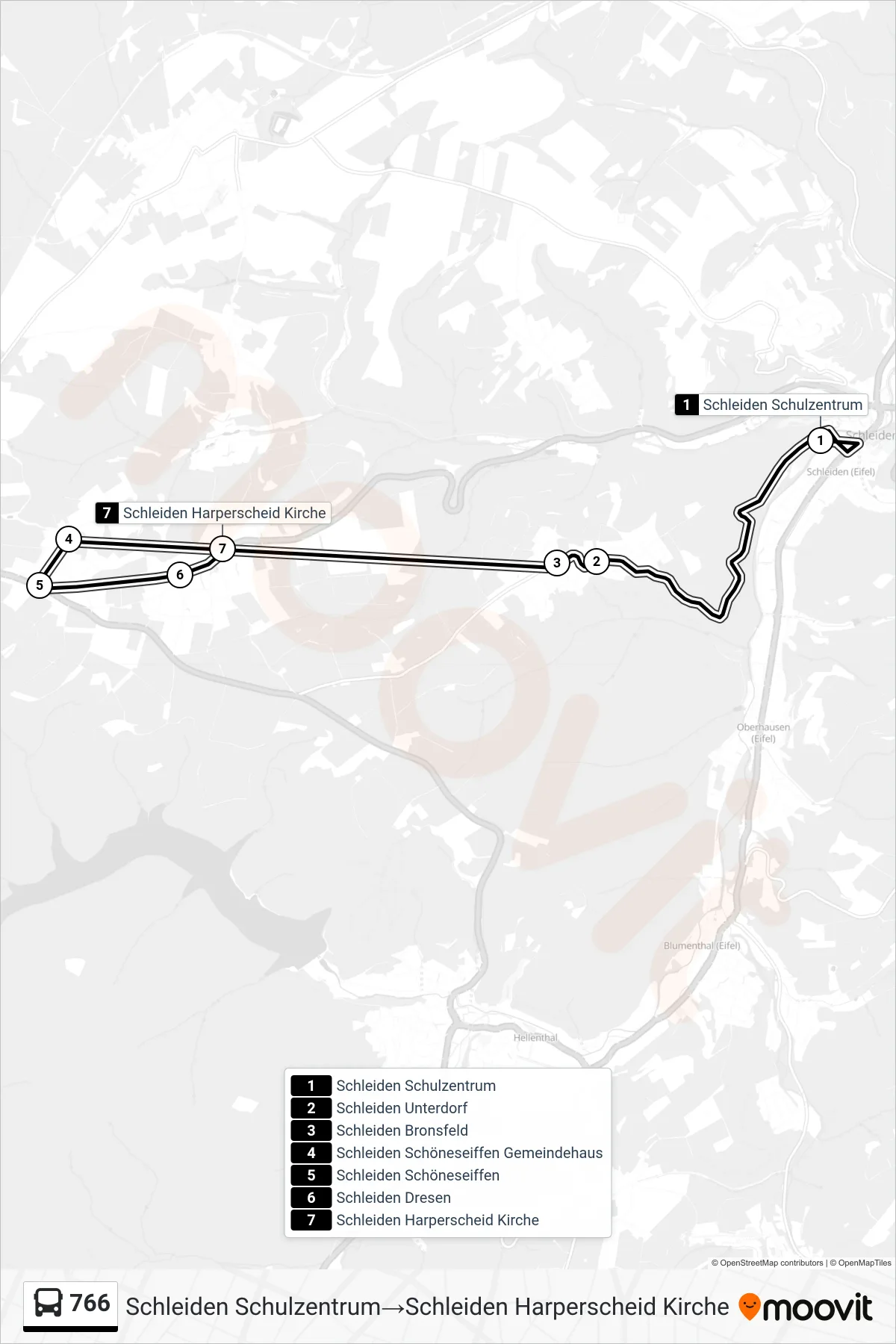 Linie 766 (Bus) Richtung Schleiden Schulzentrum‎→Schleiden Harperscheid Kirche: Route und Haltestellen auf der Karte