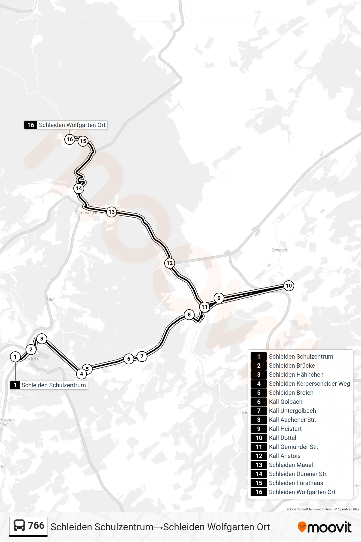 766 bus Line (Schleiden Schulzentrum‎→Schleiden Wolfgarten Ort) route and stops on a map