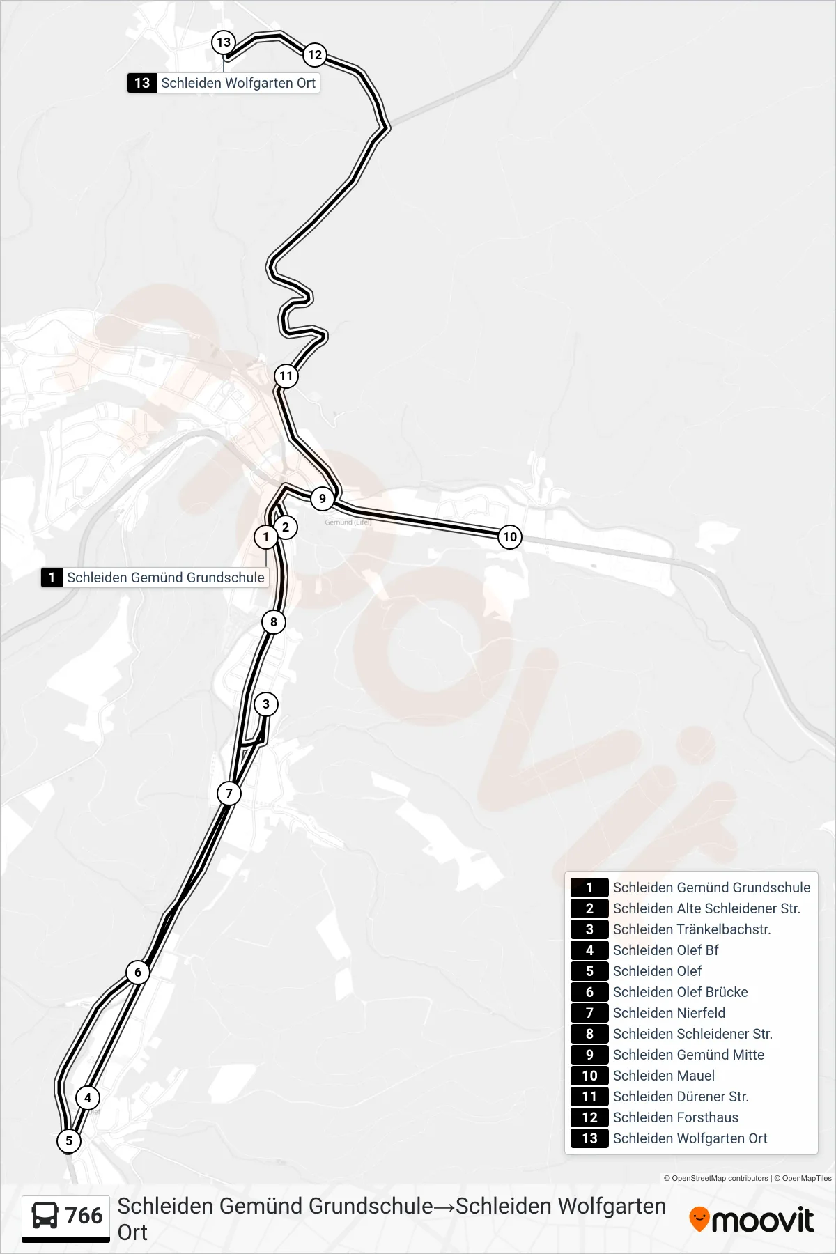 766 bus Line (Schleiden Gemünd Grundschule‎→Schleiden Wolfgarten Ort) route and stops on a map