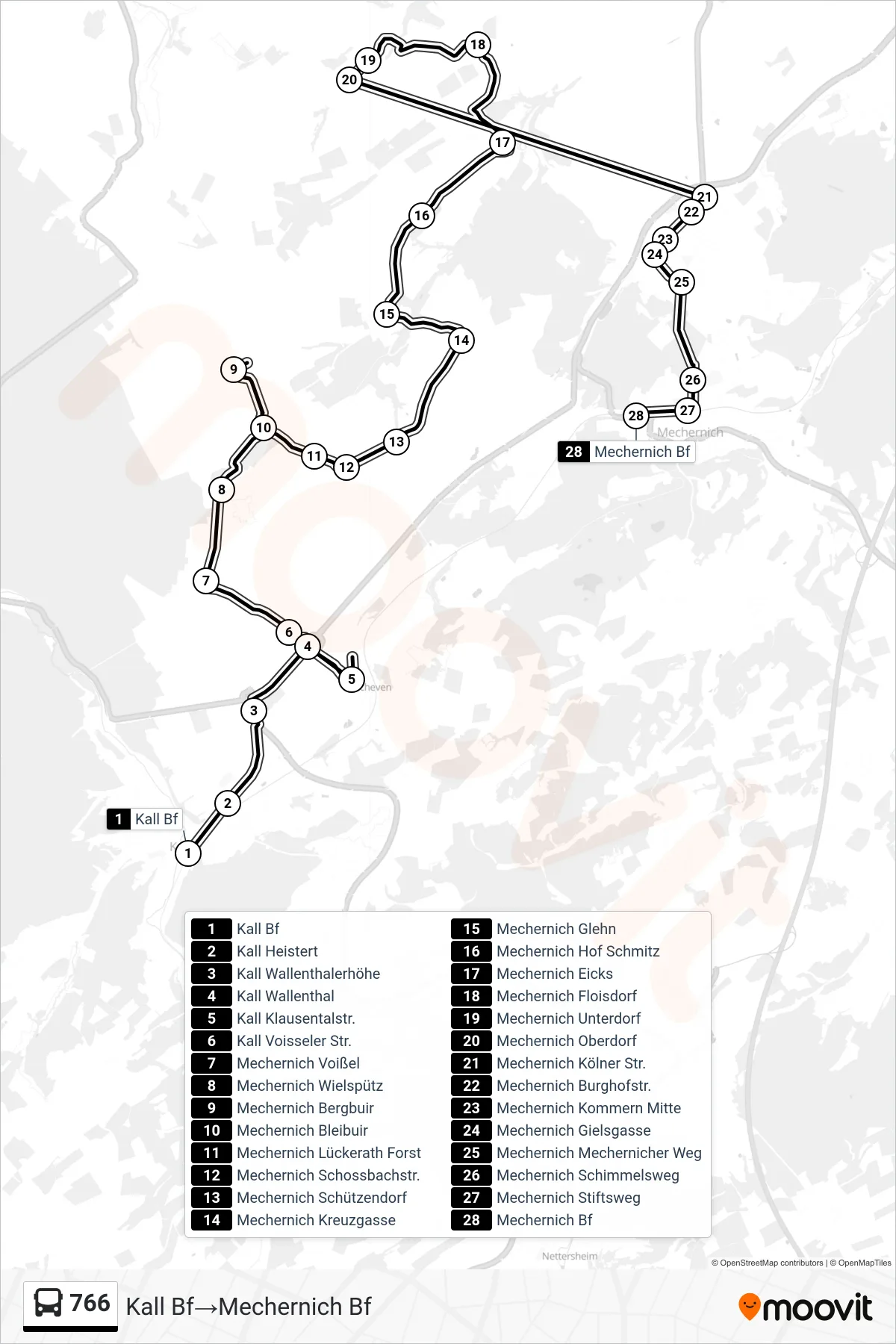 Linie 766 (Bus) Richtung Kall Bf→Mechernich Bf: Route und Haltestellen auf der Karte