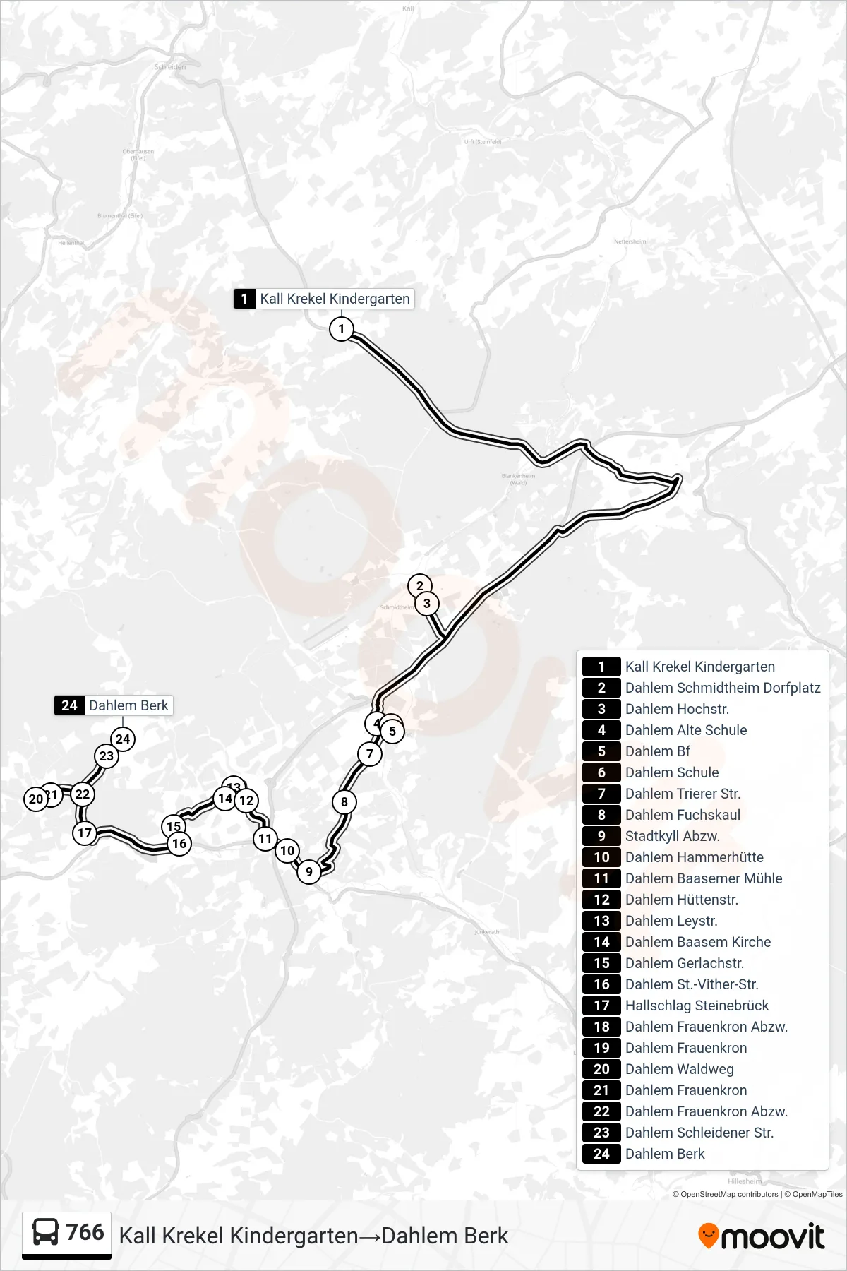 766 bus Line (Kall Krekel Kindergarten‎→Dahlem Berk) route and stops on a map