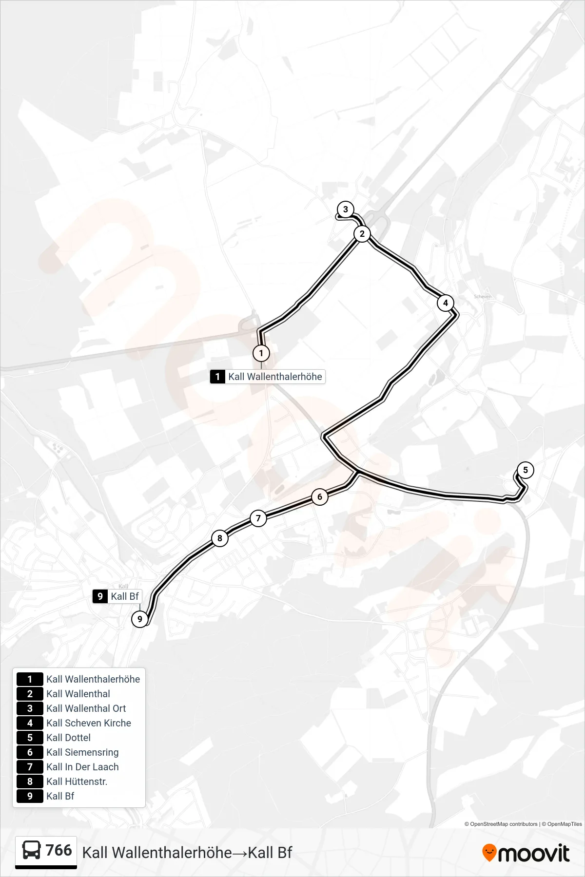 Linie 766 (Bus) Richtung Kall Wallenthalerhöhe‎→Kall Bf: Route und Haltestellen auf der Karte