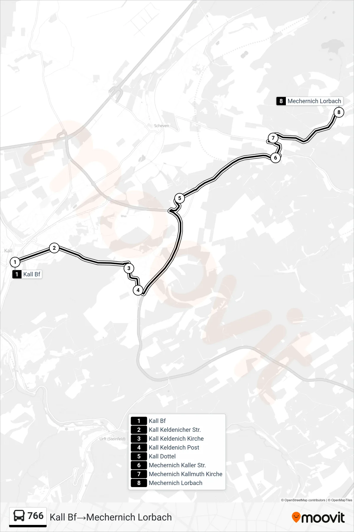 766 bus Line (Kall Bf‎→Mechernich Lorbach) route and stops on a map