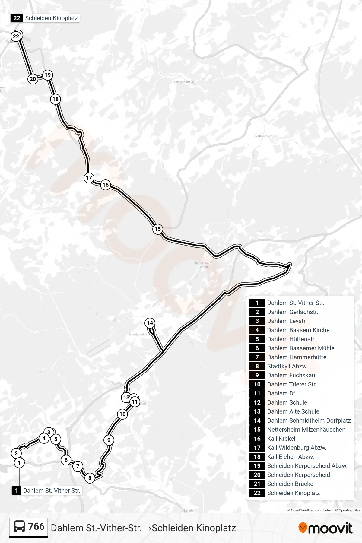 Linie 766 (Bus) Richtung Dahlem St.-Vither-Str.‎→Schleiden Kinoplatz: Route und Haltestellen auf der Karte