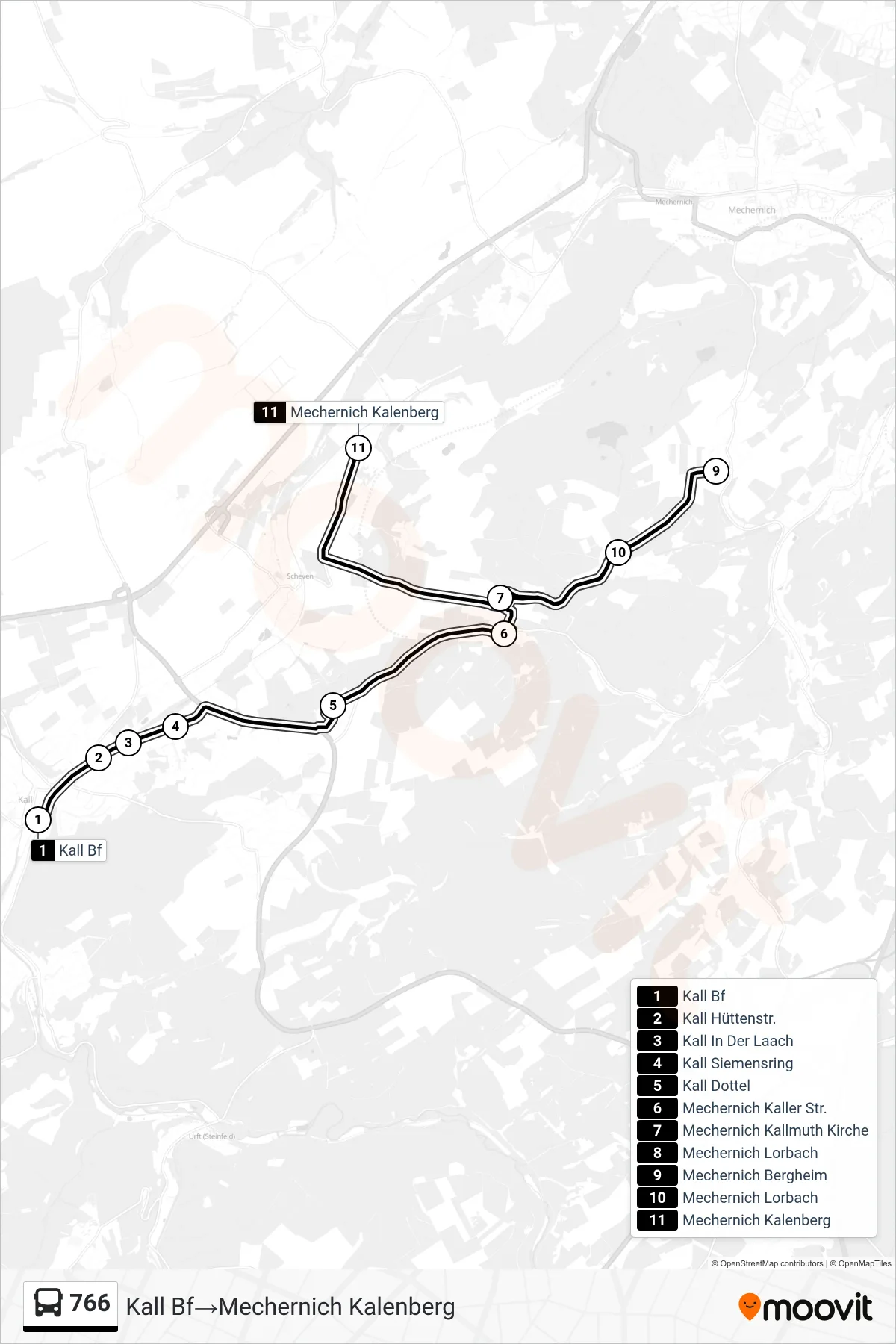 Linie 766 (Bus) Richtung Kall Bf‎→Mechernich Kalenberg: Route und Haltestellen auf der Karte