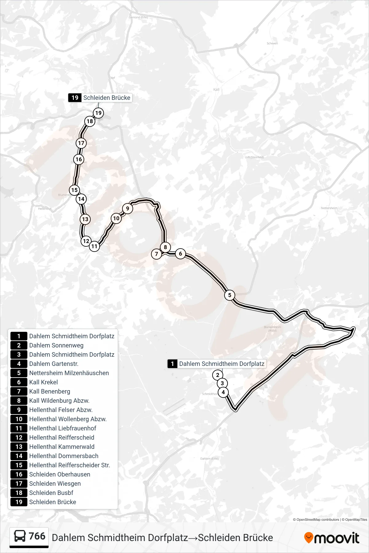 Linie 766 (Bus) Richtung Dahlem Schmidtheim Dorfplatz‎→Schleiden Brücke: Route und Haltestellen auf der Karte