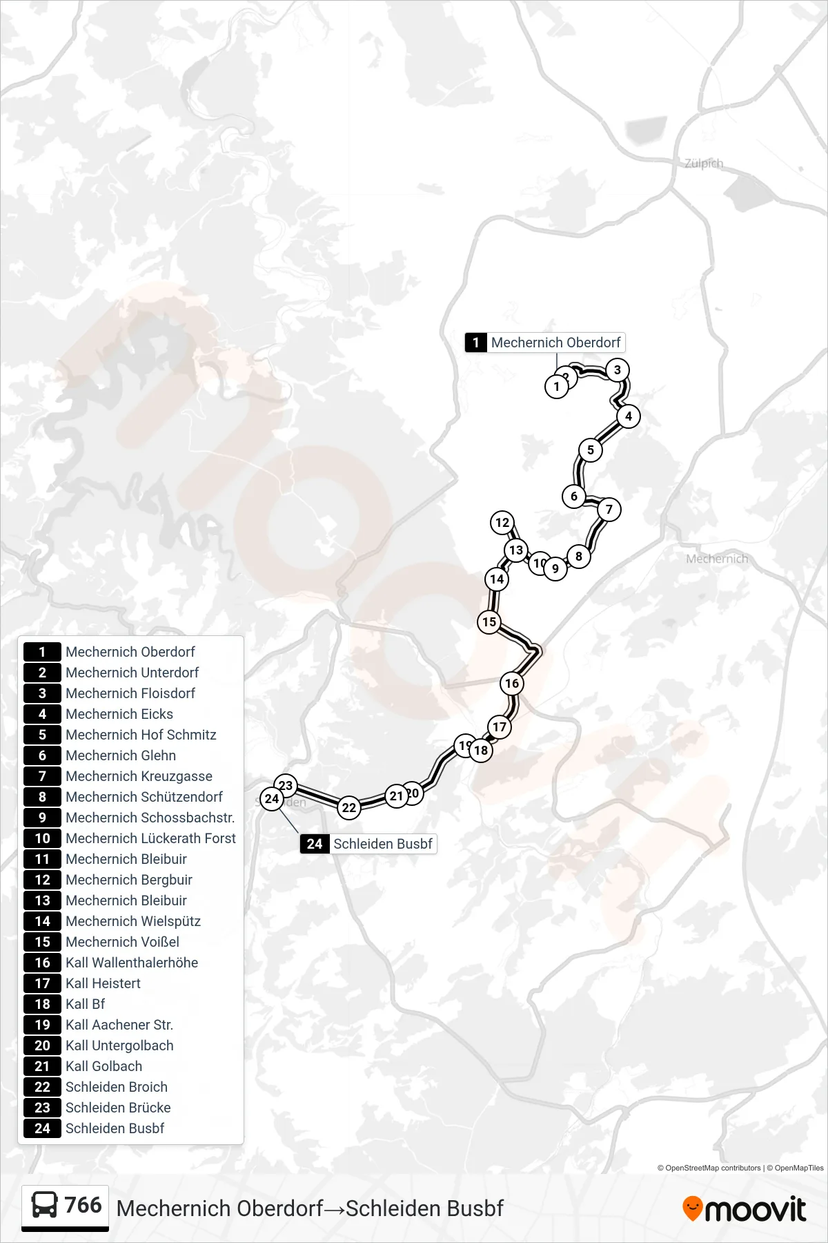 766 bus Line (Mechernich Oberdorf→Schleiden Busbf) route and stops on a map
