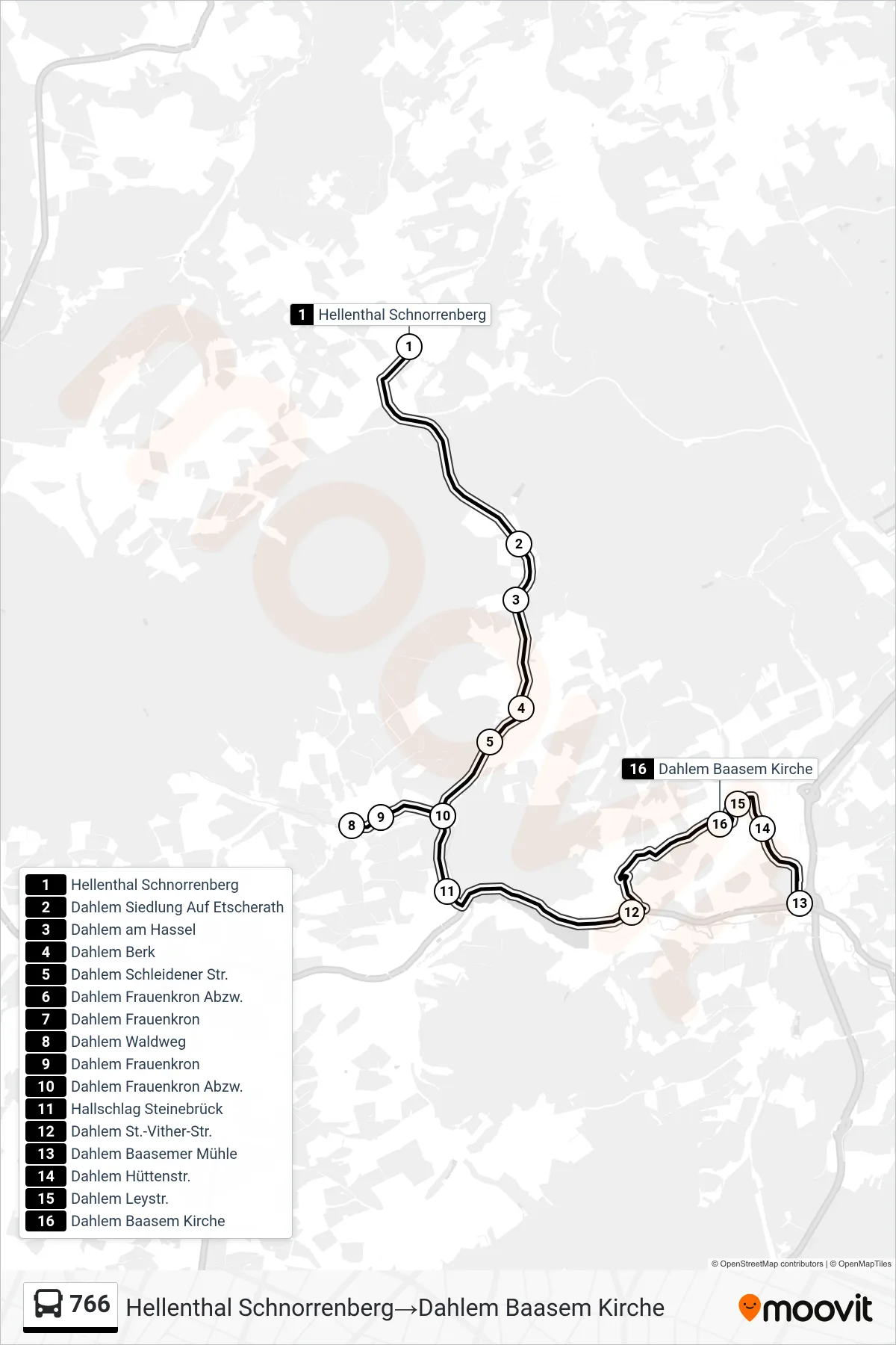 Linie 766 (Bus) Richtung Hellenthal Schnorrenberg‎→Dahlem Baasem Kirche: Route und Haltestellen auf der Karte