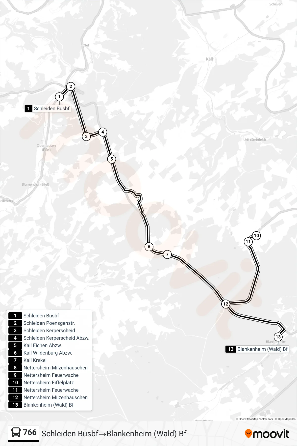 766 bus Line (Schleiden Busbf‎→Blankenheim (Wald) Bf) route and stops on a map