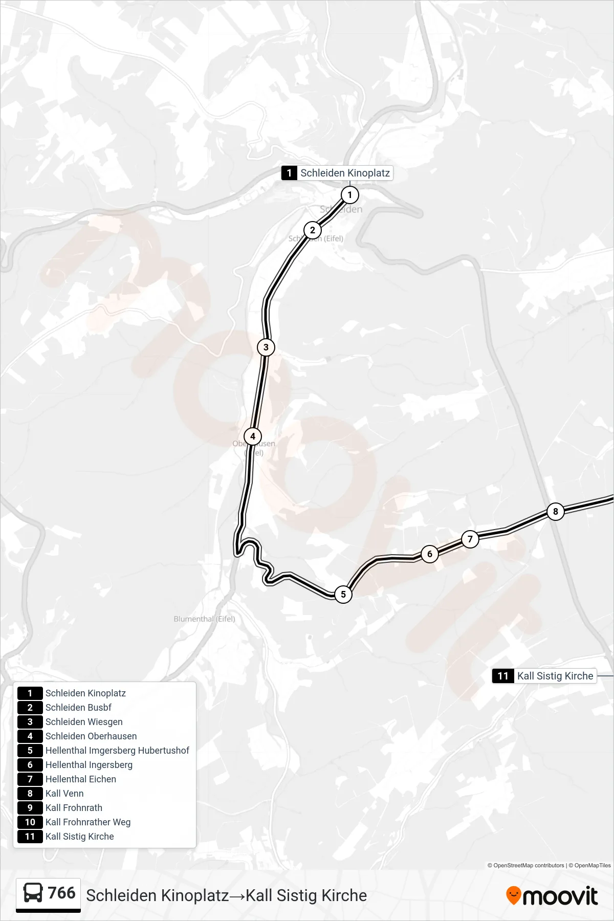 766 bus Line (Schleiden Kinoplatz→Kall Sistig Kirche) route and stops on a map