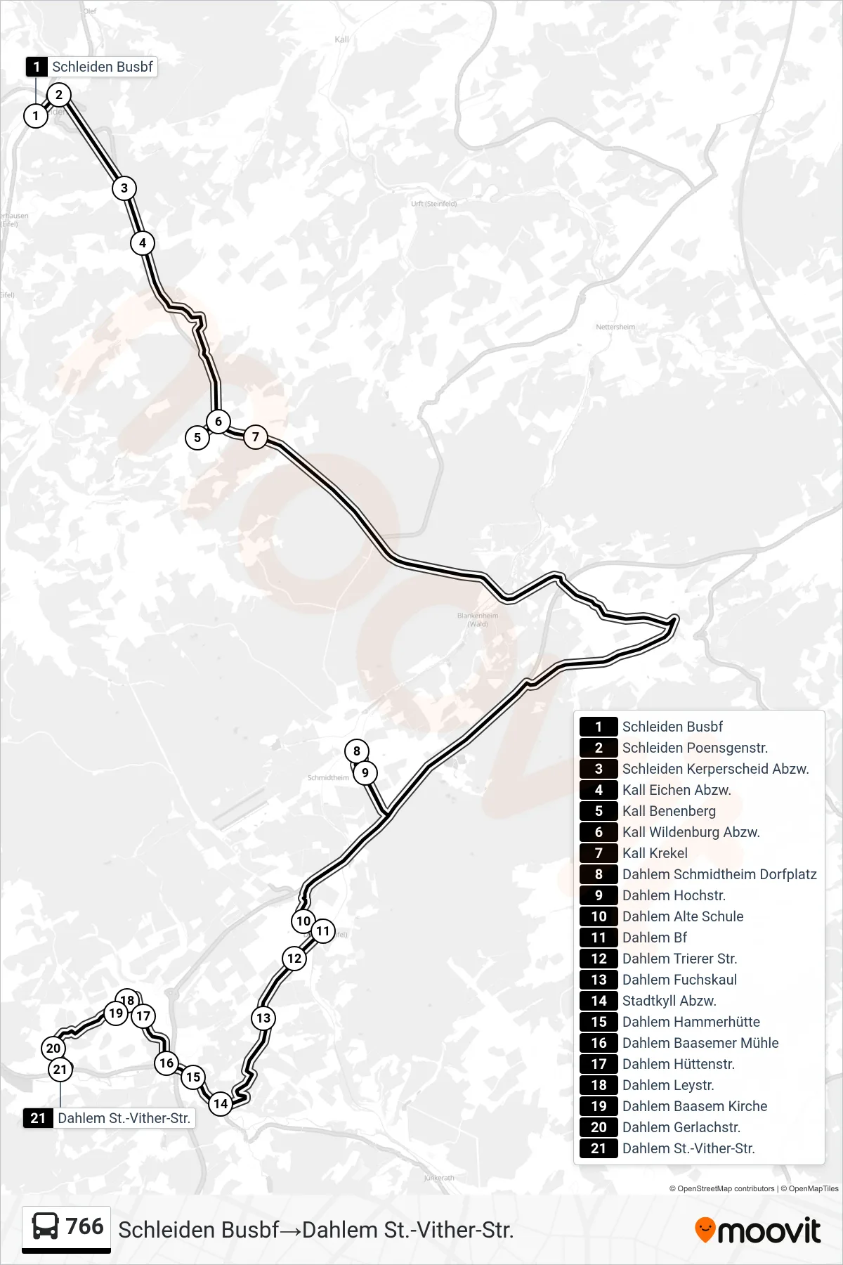 766 bus Line (Schleiden Busbf‎→Dahlem St.-Vither-Str.) route and stops on a map