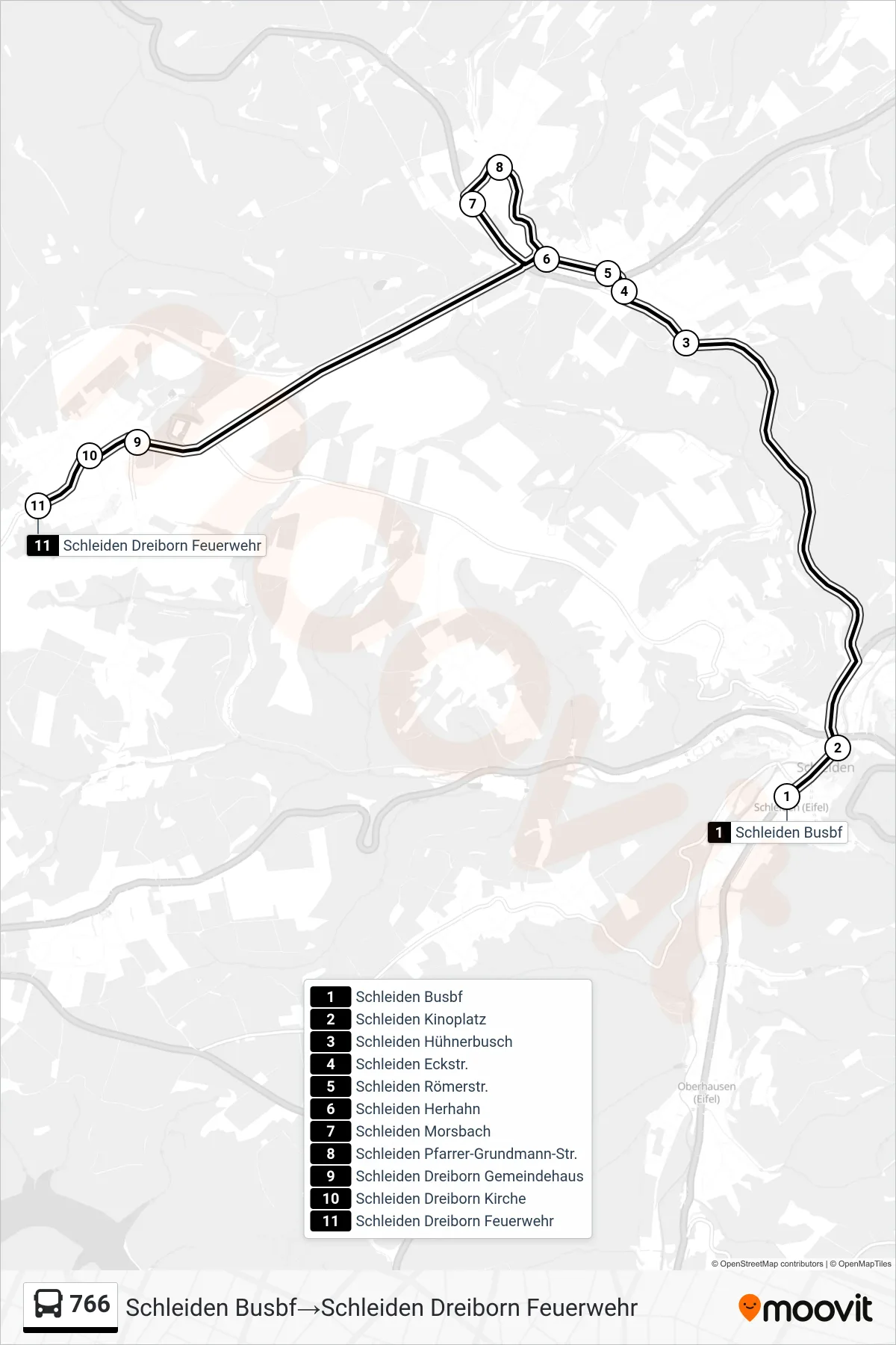 766 bus Line (Schleiden Busbf‎→Schleiden Dreiborn Feuerwehr) route and stops on a map