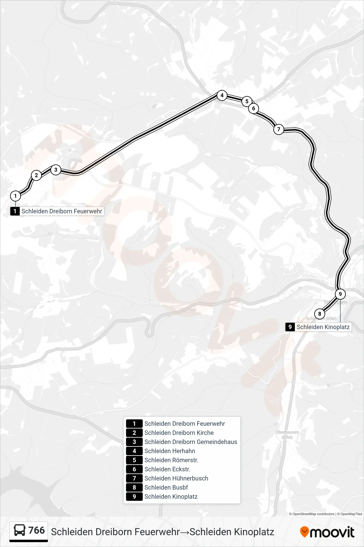 766 bus Line (Schleiden Dreiborn Feuerwehr‎→Schleiden Kinoplatz) route and stops on a map