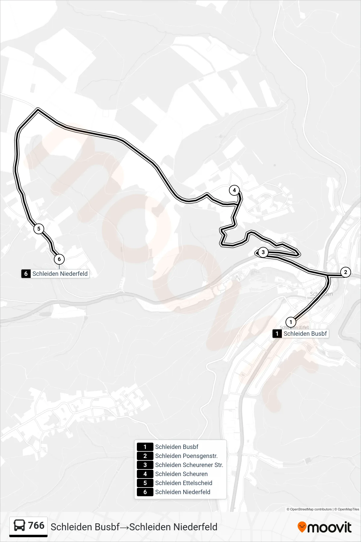766 bus Line (Schleiden Busbf‎→Schleiden Niederfeld) route and stops on a map