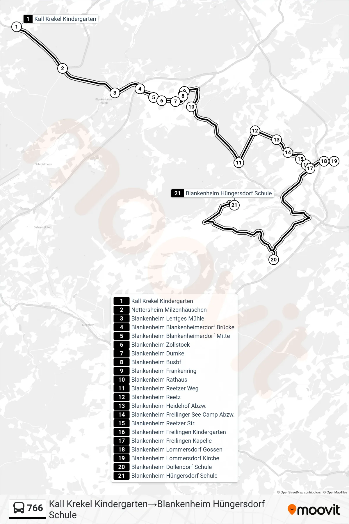 Linie 766 (Bus) Richtung Kall Krekel Kindergarten‎→Blankenheim Hüngersdorf Schule: Route und Haltestellen auf der Karte