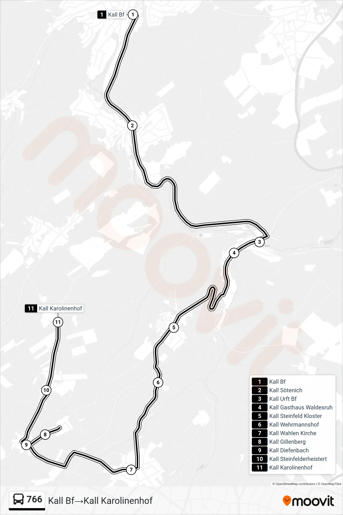 Linie 766 (Bus) Richtung Kall Bf→Kall Karolinenhof: Route und Haltestellen auf der Karte