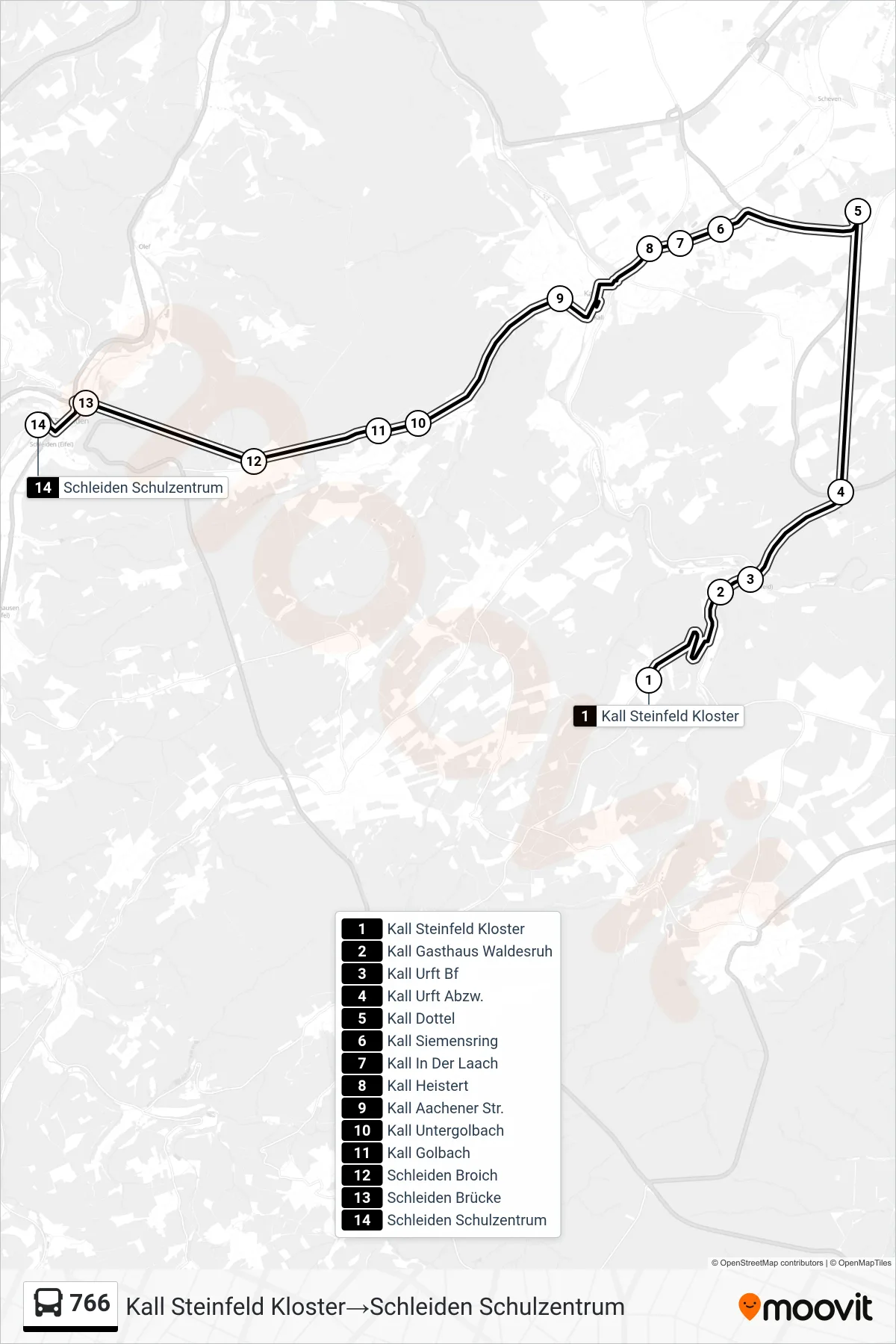 766 bus Line (Kall Steinfeld Kloster‎→Schleiden Schulzentrum) route and stops on a map