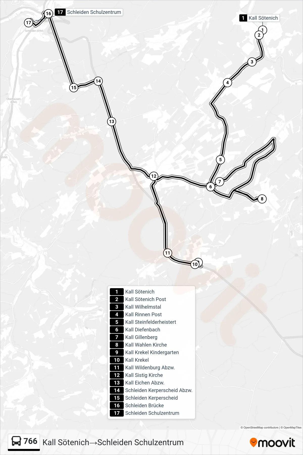 766 bus Line (Kall Sötenich‎→Schleiden Schulzentrum) route and stops on a map