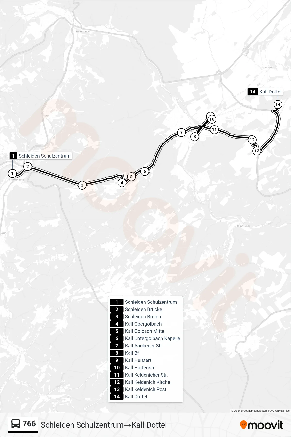 Linie 766 (Bus) Richtung Schleiden Schulzentrum‎→Kall Dottel: Route und Haltestellen auf der Karte