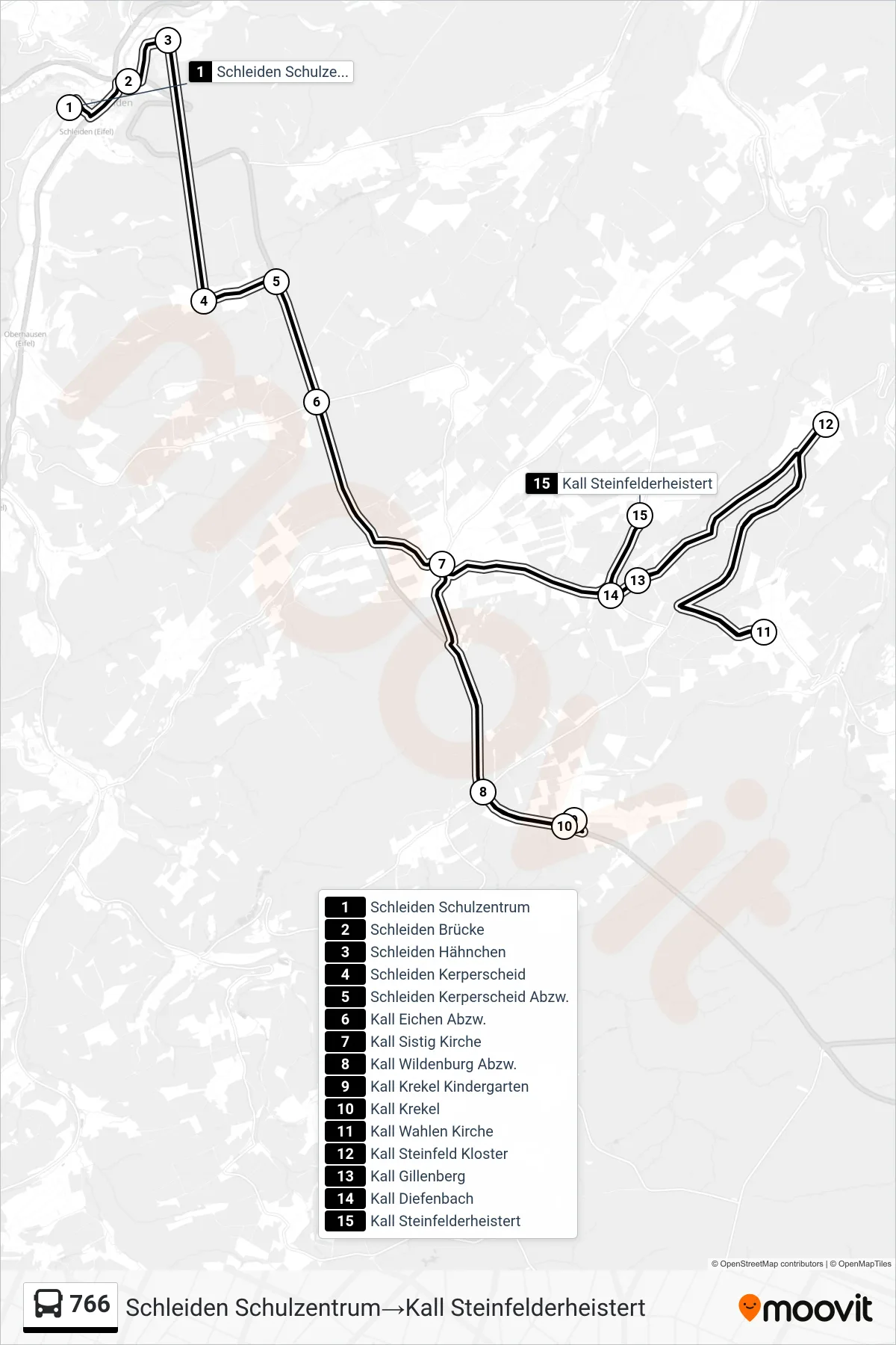 766 bus Line (Schleiden Schulzentrum‎→Kall Steinfelderheistert) route and stops on a map