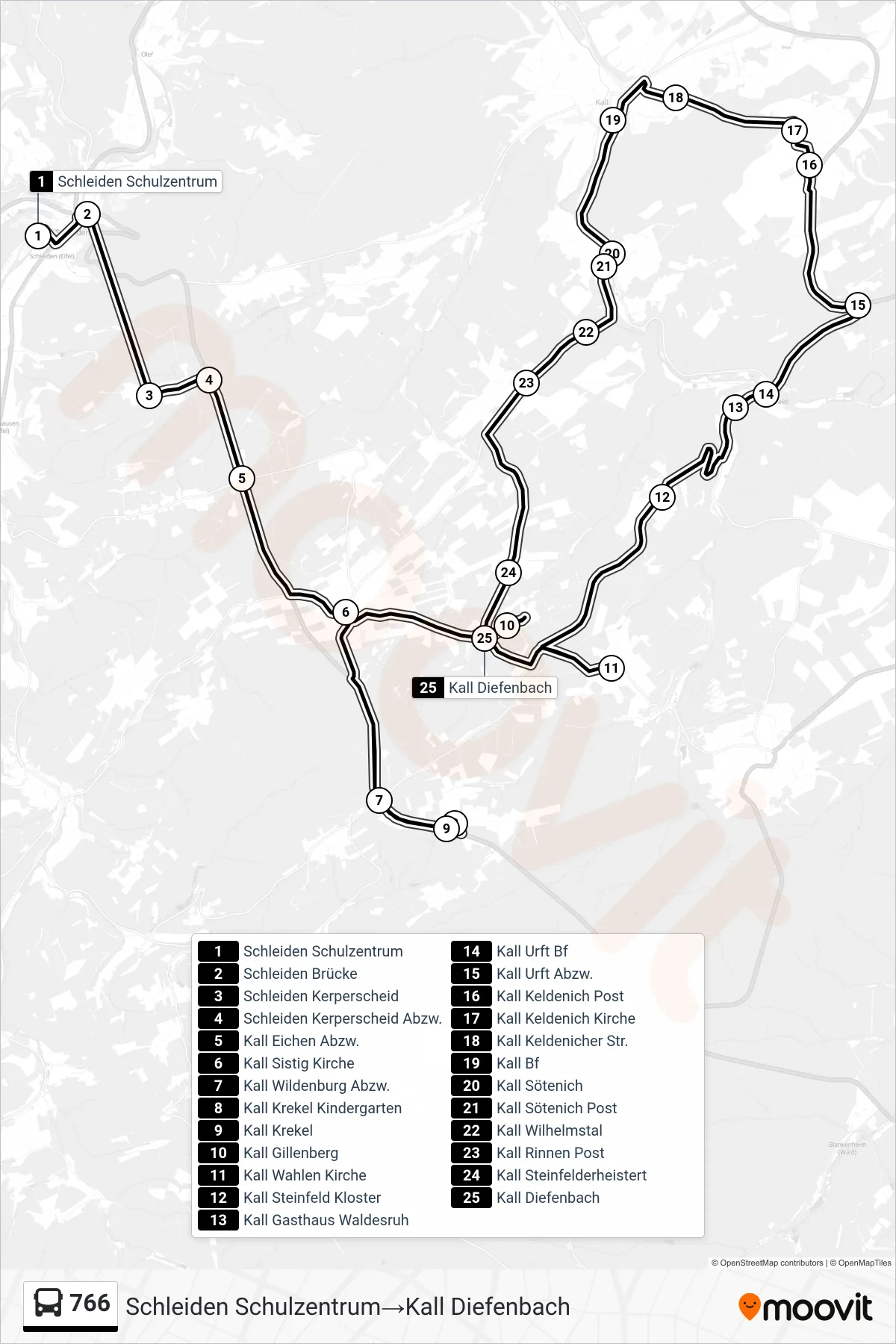 766 bus Line (Schleiden Schulzentrum→Kall Diefenbach) route and stops on a map