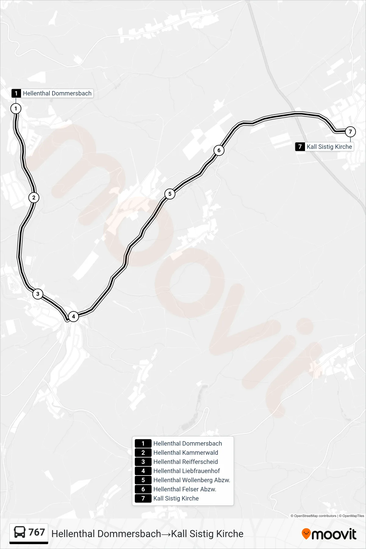 767 bus Line (Hellenthal Dommersbach‎→Kall Sistig Kirche) route and stops on a map