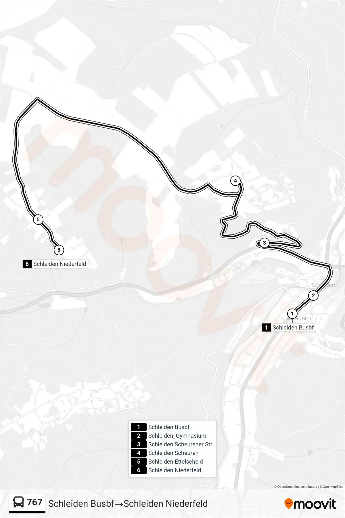 Linie 767 (Bus) Richtung Schleiden Busbf→Schleiden Niederfeld: Route und Haltestellen auf der Karte