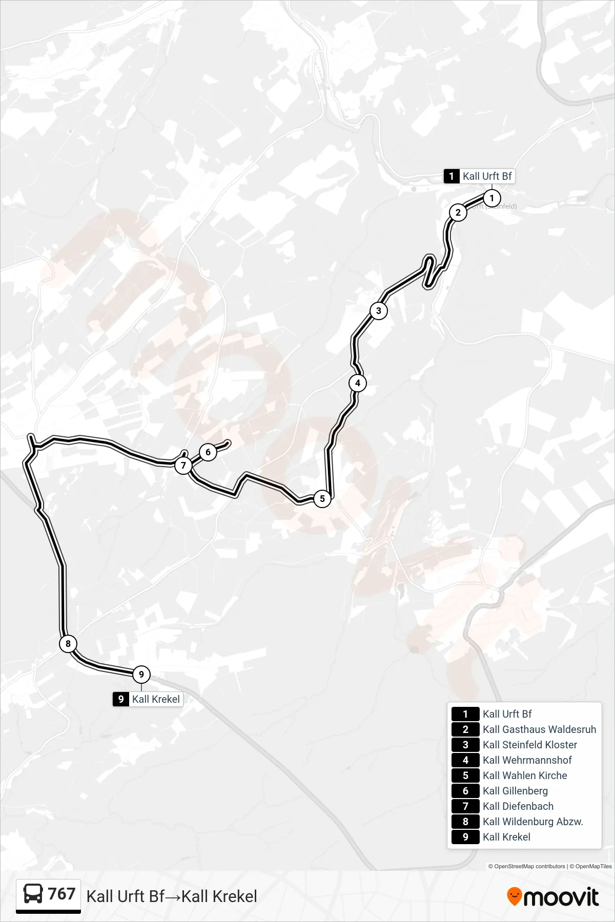 767 bus Line (Kall Urft Bf‎→Kall Krekel) route and stops on a map