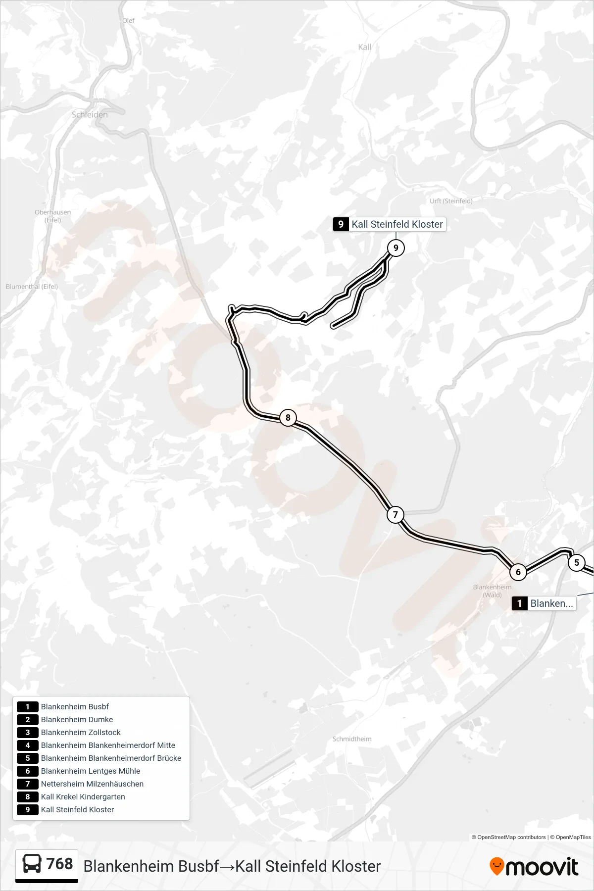 Linie 768 (Bus) Richtung Blankenheim Busbf‎→Kall Steinfeld Kloster: Route und Haltestellen auf der Karte