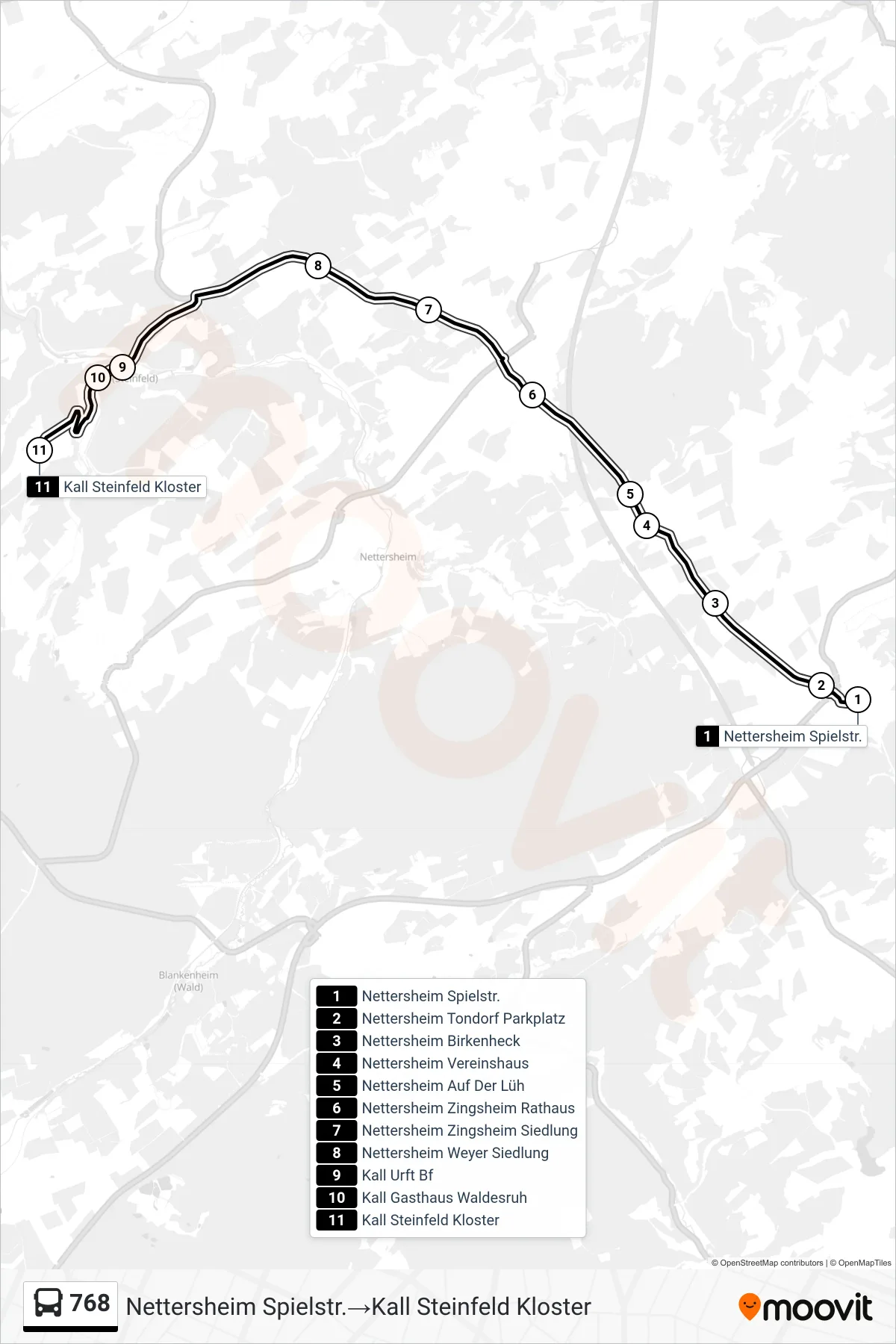 Linie 768 (Bus) Richtung Nettersheim Spielstr.‎→Kall Steinfeld Kloster: Route und Haltestellen auf der Karte