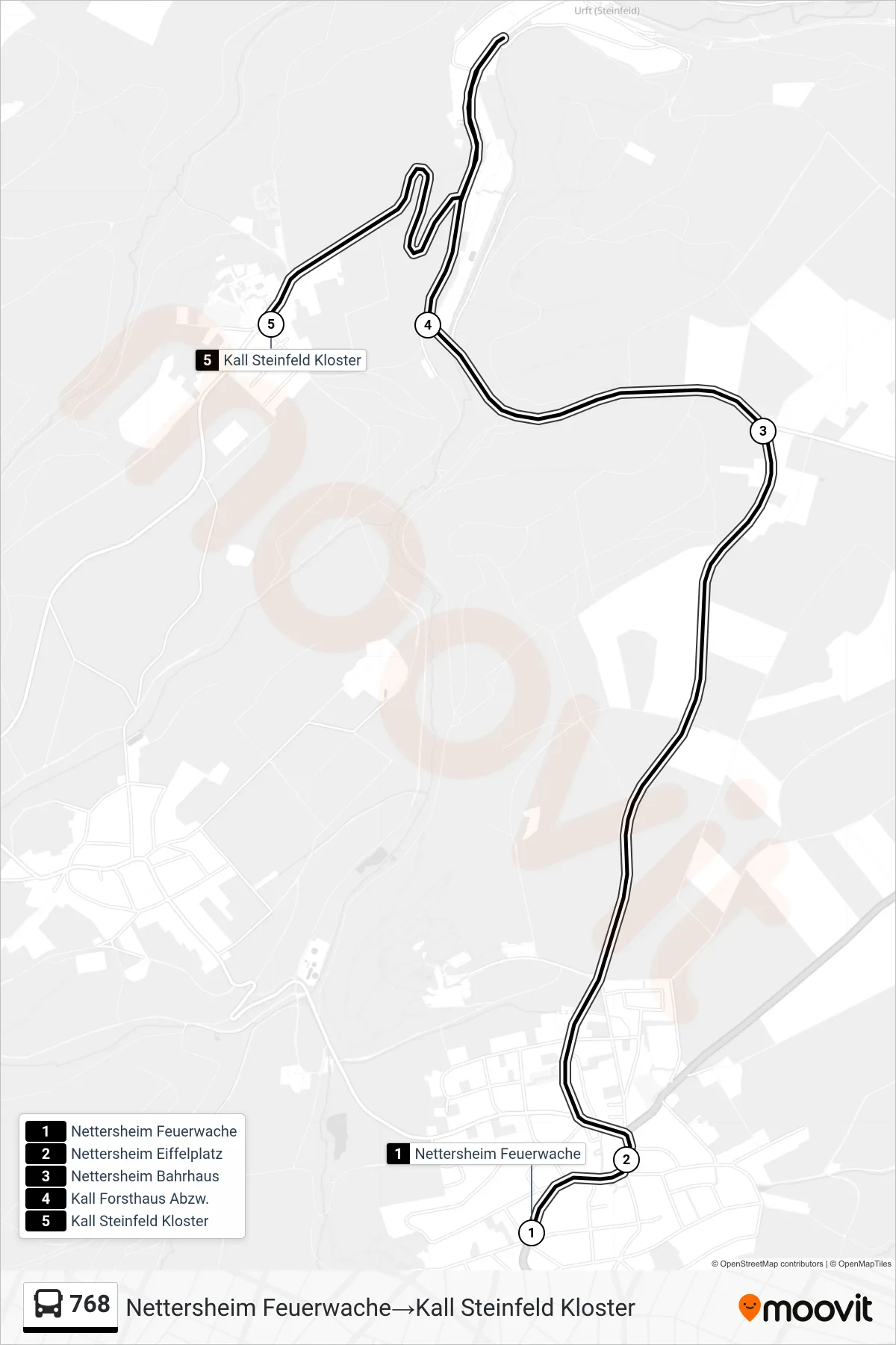 768 bus Line (Nettersheim Feuerwache‎→Kall Steinfeld Kloster) route and stops on a map