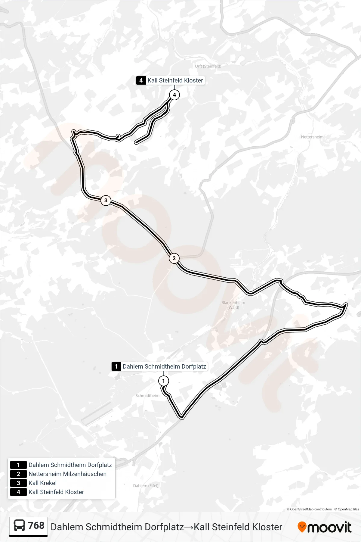 Linie 768 (Bus) Richtung Dahlem Schmidtheim Dorfplatz‎→Kall Steinfeld Kloster: Route und Haltestellen auf der Karte