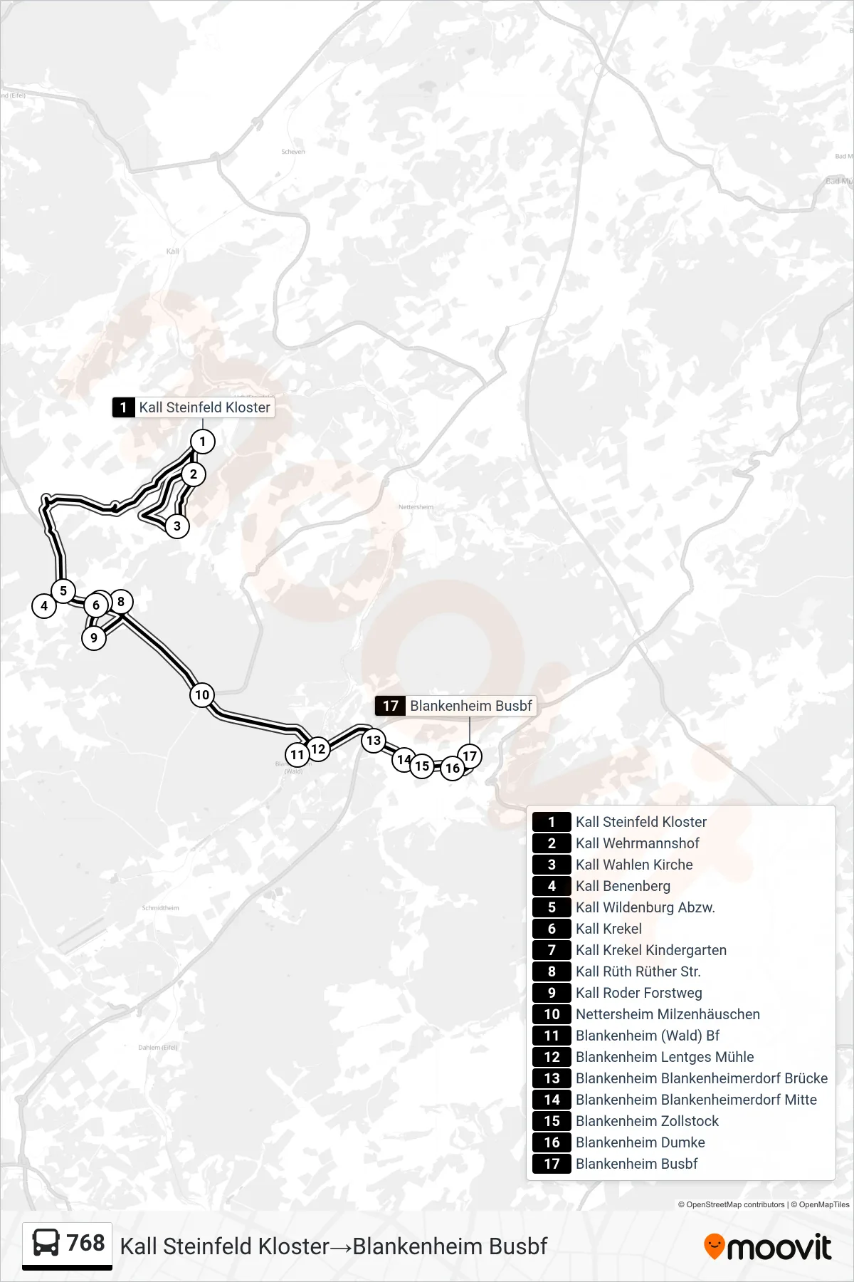 Linie 768 (Bus) Richtung Kall Steinfeld Kloster→Blankenheim Busbf: Route und Haltestellen auf der Karte