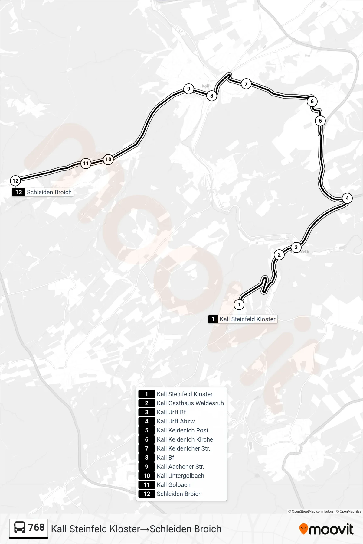 Linie 768 (Bus) Richtung Kall Steinfeld Kloster→Schleiden Broich: Route und Haltestellen auf der Karte